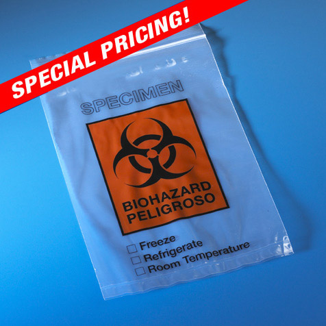 Globe Scientific Bag, Biohazard Specimen Transport, 6" x 9", Ziplock with Document Pouch, 100/Pack, 10 Packs/Unit Image